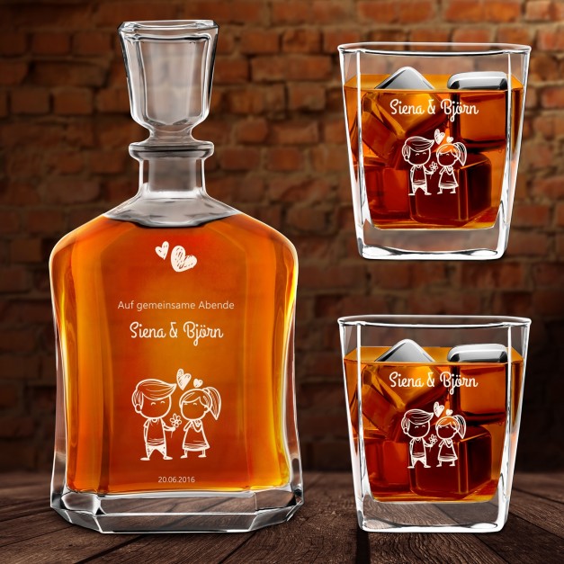 Whisky Karaffe mit 2 Gläsern und Gravur für ein Paar zur Hochzeit, zum Hochzeitstag oder Valentinstag