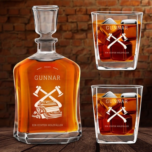 Whisky Karaffe mit 2 Gläsern und Gravur für einen Holzfäller