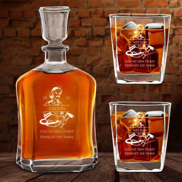 Whisky Karaffe mit 2 Gläsern und Gravur für einen Feuerwehrmann zum Geburtstag