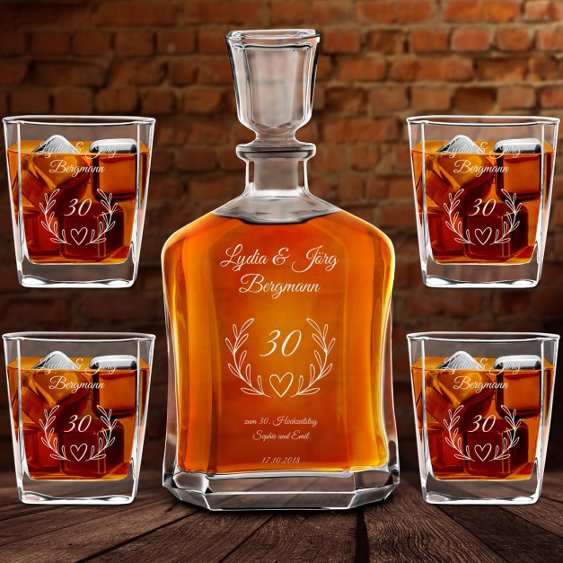 Whisky Karaffe Set mit 4 Gläsern und Gravur für ein Paar zum 30. Hochzeitsjubiläum