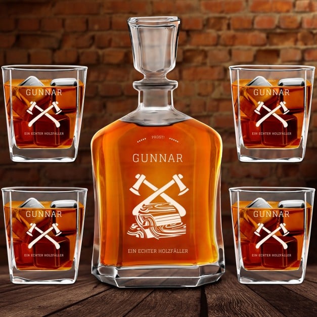 Whisky Karaffe Set mit 4 Gläsern und Gravur für einen Holzfäller
