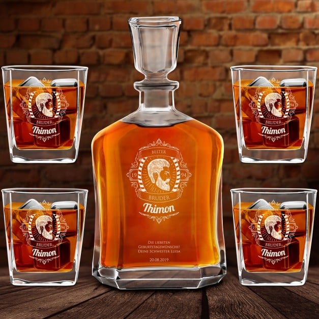 Whisky Karaffe Set mit 4 Gläsern und Gravur für Ihren Bruder, einen Bartträger zum Geburtstag