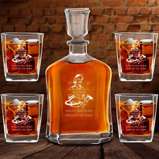 Whisky Karaffe Set mit 4 Gläsern und Gravur für einen Feuerwehrmann zum Geburtstag