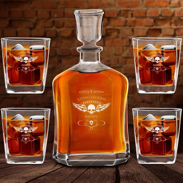 Whisky Karaffe Set mit 4 Gläsern und Gravur für einen Motorradfahrer