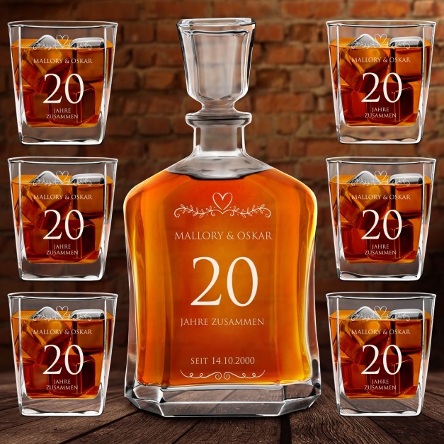 Whisky Karaffe Set mit 6 Gläsern und Gravur für ein Paar zum 20. Hochzeitsjubiläum