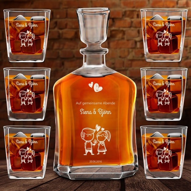 Whisky Karaffe Set mit 6 Gläsern und Gravur für ein Paar zur Hochzeit, zum Hochzeitstag oder Valentinstag
