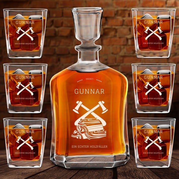 Whisky Karaffe Set mit 6 Gläsern und Gravur für einen Holzfäller