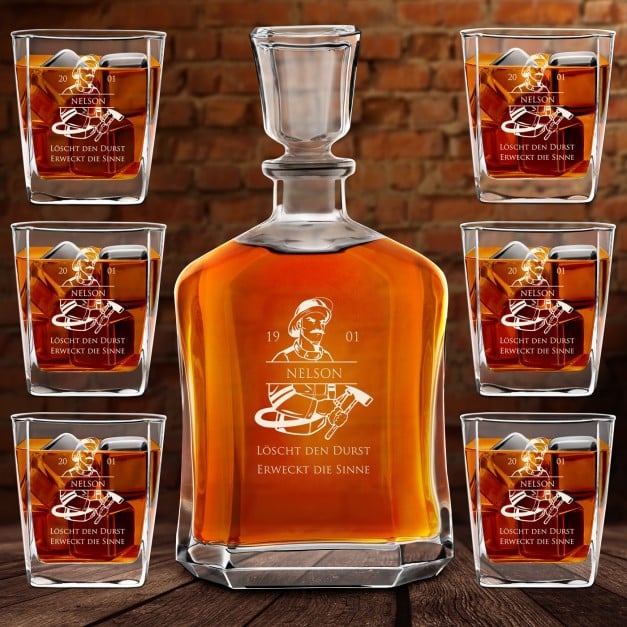 Whisky Karaffe Set mit 6 Gläsern und Gravur für einen Feuerwehrmann zum Geburtstag