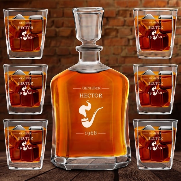 Whisky Karaffe Set mit 6 Gläsern und Gravur für einen Whiskygenießer zum Geburtstag