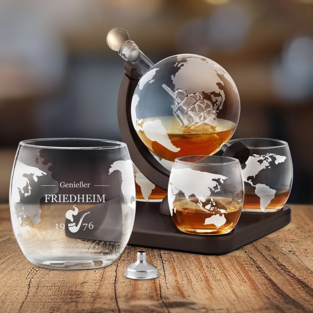 Whisky Karaffe in Globusform mit Schiff mit 4 Gläsern für einen Whiskykenner zum Geburtstag
