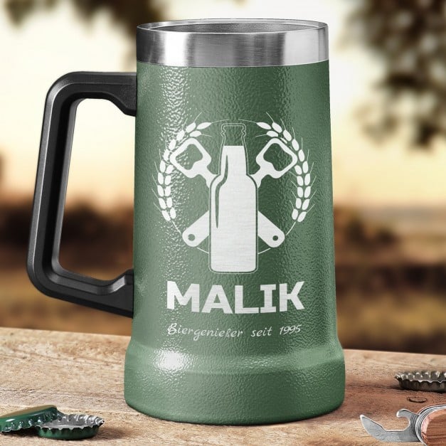 Isolierter Bierkrug aus Edelstahl Grün für einen Bierfan zum Ehrentag