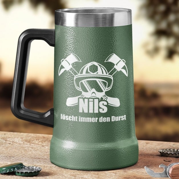 Isolierter Bierkrug aus Edelstahl Grün für einen Feuerwehrmann