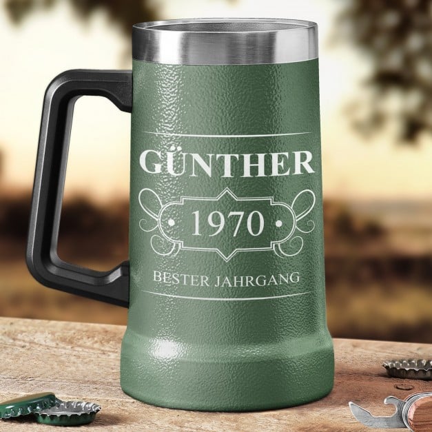 Isolierter Bierkrug aus Edelstahl Grün für einen Gentleman zum Geburtstag