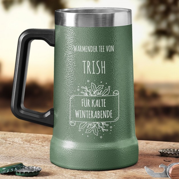 Isolierter Bierkrug aus Edelstahl Grün für sie zu Weihnachten zum Nikolaustag Ehrentag