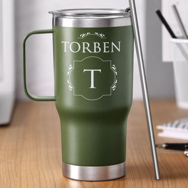 Grüner Isolierbecher mit transparentem Deckel und Gravur für ihn einen Gentleman zum Ehrentag