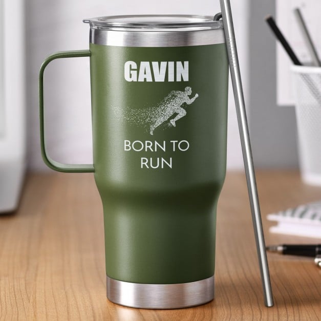 Grüner Isolierbecher mit transparentem Deckel und Gravur für Ihren Freund einen Jogger zum Ehrentag