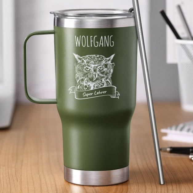 Grüner Isolierbecher mit transparentem Deckel und Gravur für Ihren Lehrer Betreuer zum Lehrertag 