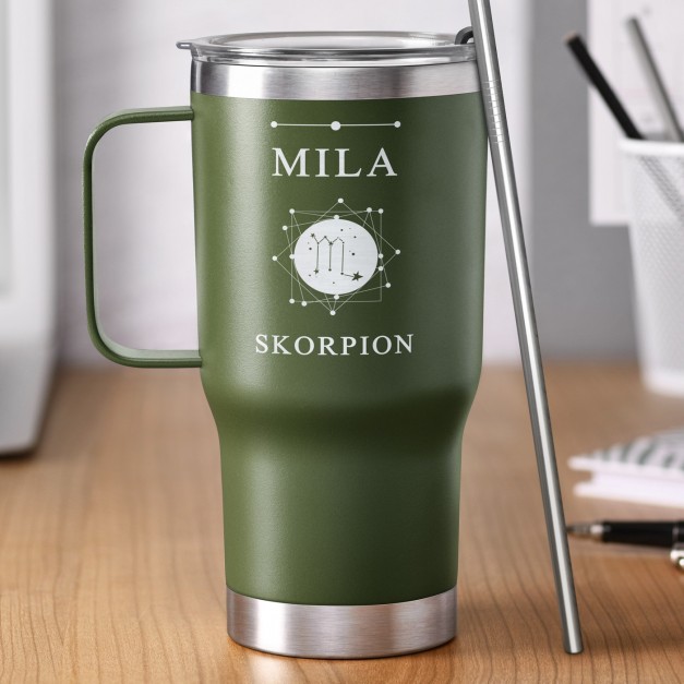 Grüner Isolierbecher mit transparentem Deckel und Gravur für sie zum Ehrentag Sternzeichen