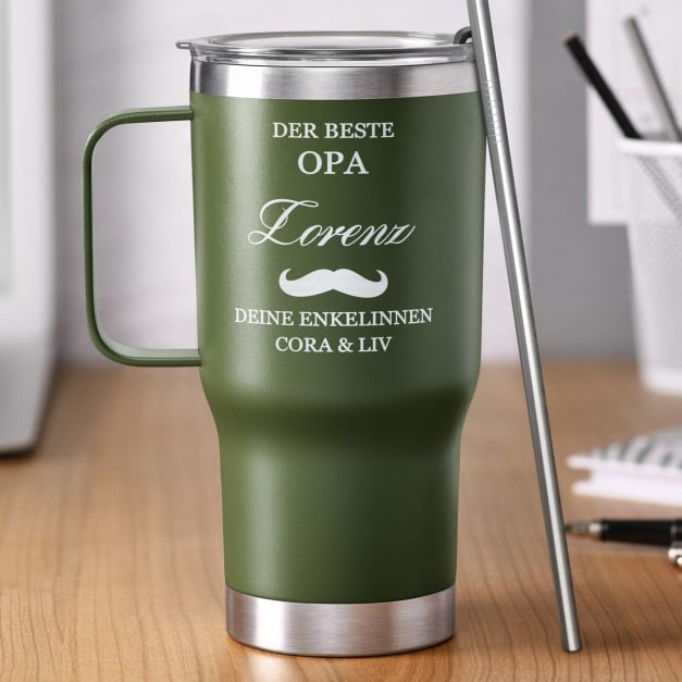 Grüner Isolierbecher mit transparentem Deckel und Gravur für Ihren Opa zum Ehretag Opatag