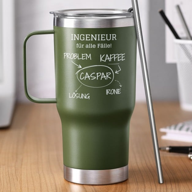 Grüner Isolierbecher mit transparentem Deckel und Gravur für einen Ingenieur Geek Physiker Lehrer 