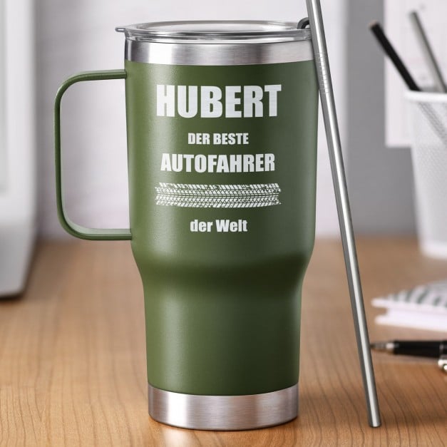 Grüner Isolierbecher mit transparentem Deckel und Gravur für einen Autofahrer