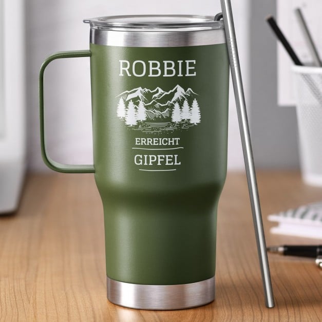 Grüner Isolierbecher mit transparentem Deckel und Gravur für einen Bergliebhaber