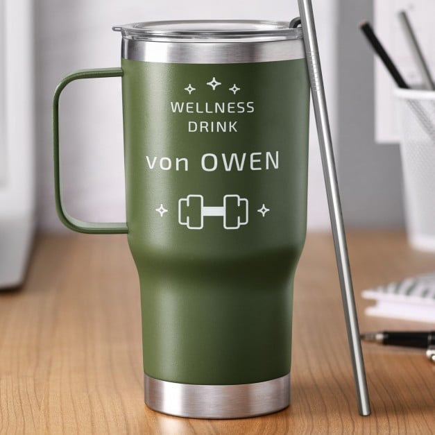 Grüner Isolierbecher mit transparentem Deckel und Gravur für einen Sportler Bodybuilder zum Ehrentag