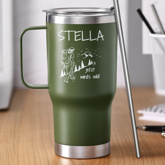 Grüner Isolierbecher mit transparentem Deckel und Gravur für eine Bergliebhaberin Weltenbummlerin