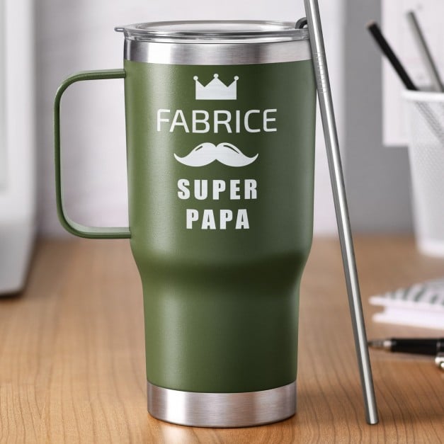 Grüner Isolierbecher mit transparentem Deckel und Gravur für Ihren Papa