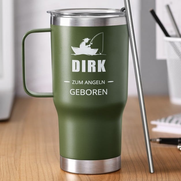 Grüner Isolierbecher mit transparentem Deckel und Gravur für einen Angler 
