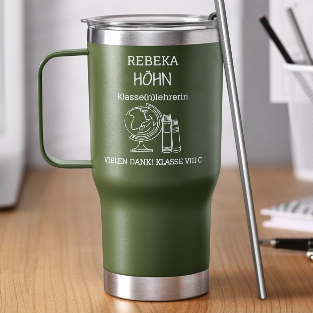 Grüner Isolierbecher mit transparentem Deckel und Gravur für eine Klassenlehrerin Lehrerin zum Lehrertag
