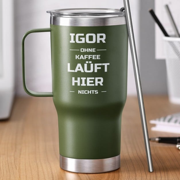 Grüner Isolierbecher mit transparentem Deckel und Gravur für einen Studenten zum Ehrentag