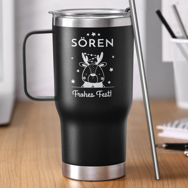 Schwarzer Isolierbecher mit transparentem Deckel und Gravur für ihn einen Jungen zu Weihnachten