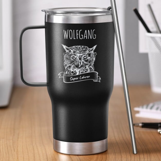 Schwarzer Isolierbecher mit transparentem Deckel und Gravur für Ihren Lehrer Klassenlehrer Betreuer zum Ehrentag Lehrertag 