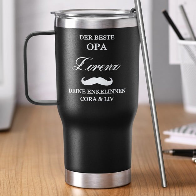 Schwarzer Isolierbecher mit transparentem Deckel und Gravur für Ihren Opa zum Ehretag Opatag