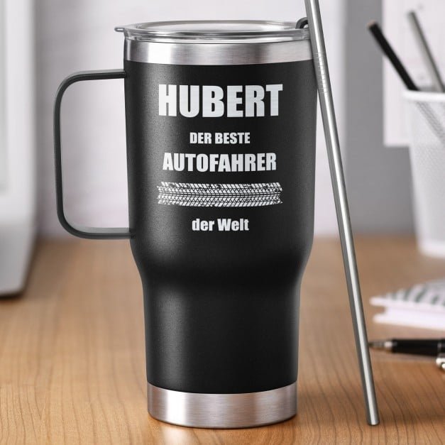 Schwarzer Isolierbecher mit transparentem Deckel und Gravur Schwarz für einen Autofahrer Motorsportfan zum Ehrentag