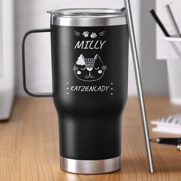 Schwarzer Isolierbecher mit transparentem Deckel und Gravur für ein Mädchen eine Katzenmutti