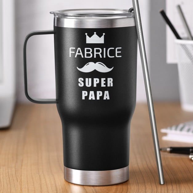 Schwarzer Isolierbecher mit transparentem Deckel und Gravur für Ihren Papa
