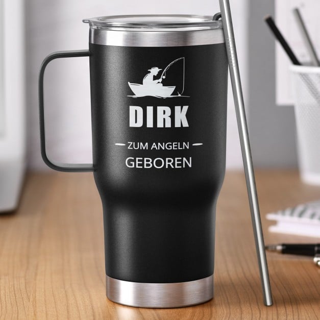 Schwarzer Isolierbecher mit transparentem Deckel und Gravur für einen Angler 