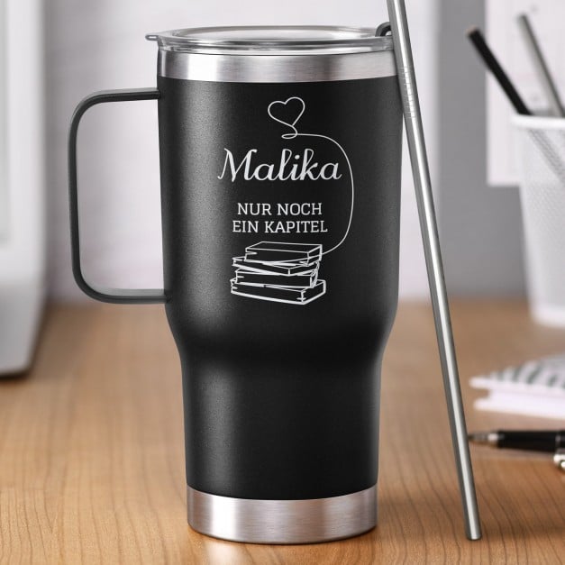 Schwarzer Isolierbecher mit transparentem Deckel und Gravur für einen Bücherwurm Ihre Freundin Ehefrau zum Ehrentag Valentinstag