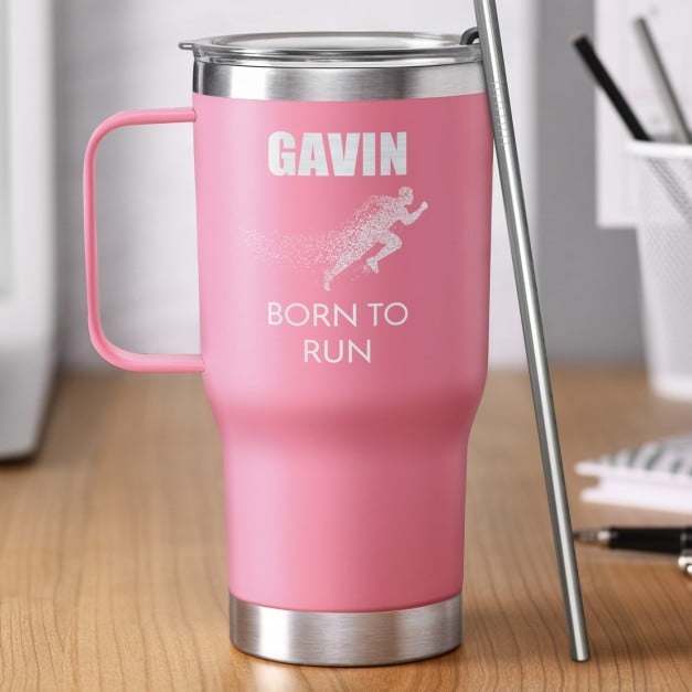 Rosa Isolierbecher mit Gravur und transparentem Deckel für Ihren Freund einen Jogger zum Ehrentag