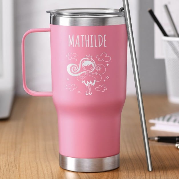 Rosa Isolierbecher mit transparentem Deckel und Gravur für sie ein Mädchen zum Ehrentag Fee