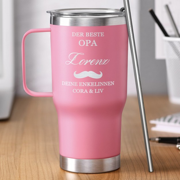 Rosa Isolierbecher mit transparentem Deckel und Gravur für Ihren Opa