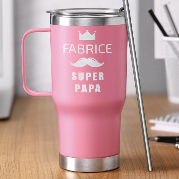 Rosa Isolierbecher mit transparentem Deckel und Gravur für Ihren Papa zum Ehrentag