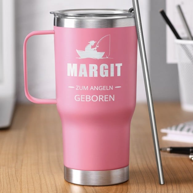 Rosa Isolierbecher mit transparentem Deckel und Gravur für eine Anglerin