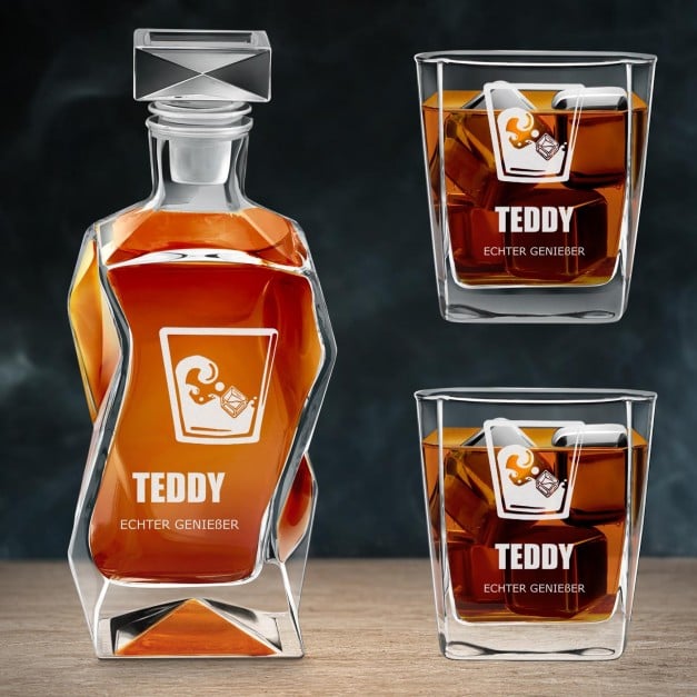 Moderne Whisky Karaffe mit 2 Gläsern und Gravur für einen Whiskygenießer