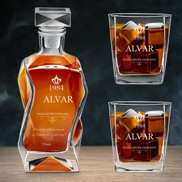 Moderne Whisky Karaffe mit 2 Gläsern und Gravur für ihn zum 40. Geburtstag