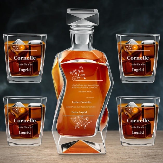 Moderne Whisky Karaffe mit 4 Gläsern und Gravur für ihn
