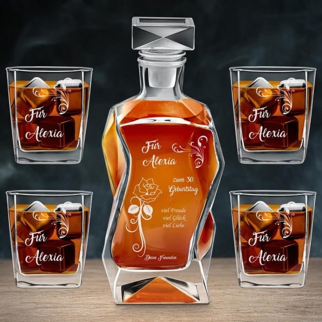 Moderne Whisky Karaffe mit 4 Gläsern und Gravur für sie zum 30. Geburtstag