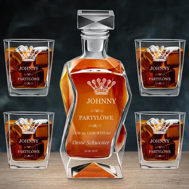 Moderne Whisky Karaffe mit 4 Gläsern und Gravur für einen Tänzer zum Geburtstag